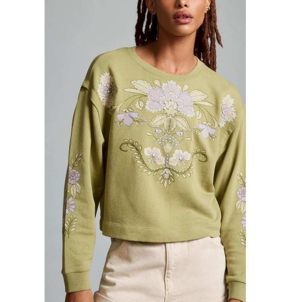 Anthropologie Olive Floral Embroidered Sweatshirt